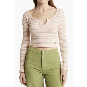 Roxy Waffle Knit Soft Long Sleeve Crop Top Tan Pink Stripes NWT Medium